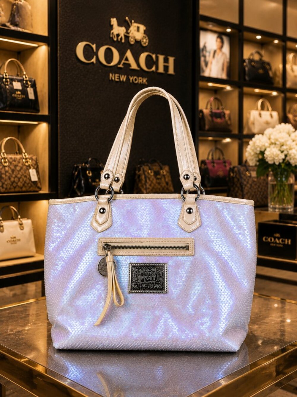 COACH Poppy Sequin Signature Rocker Satchel Bag with Original Metal Keychains